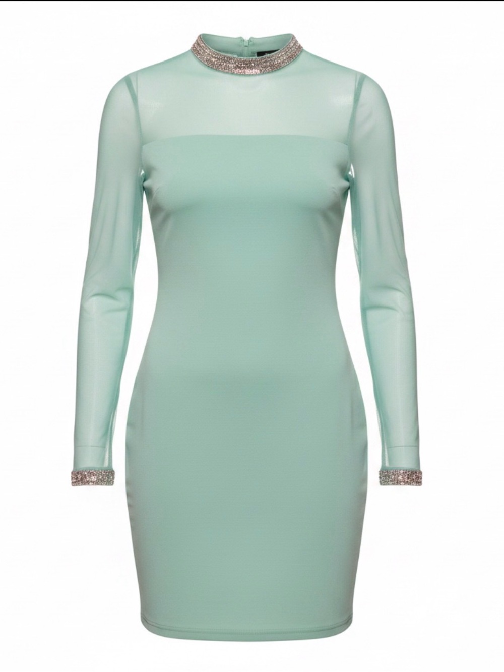 NWT Bebe Cocktail Dress Women’s Lg Mint Beaded Cuffs/Neck Midi Bodycon Sheer